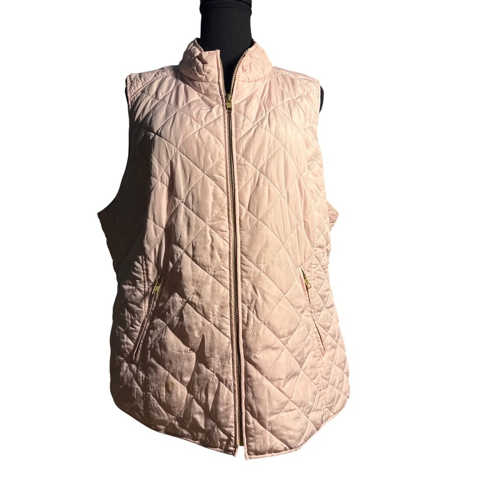 Crown & Ivy Wns XL Blush Pink Quilted Full Zip Mock Neck Vest Jacket Gold Trim
